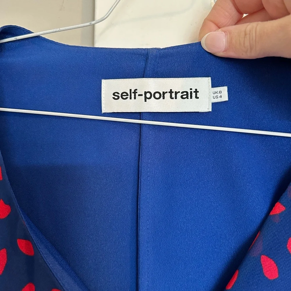 Self portrait crepe printed wrap blouse pleated detail size US 4 blue/red - Picture 6 of 11